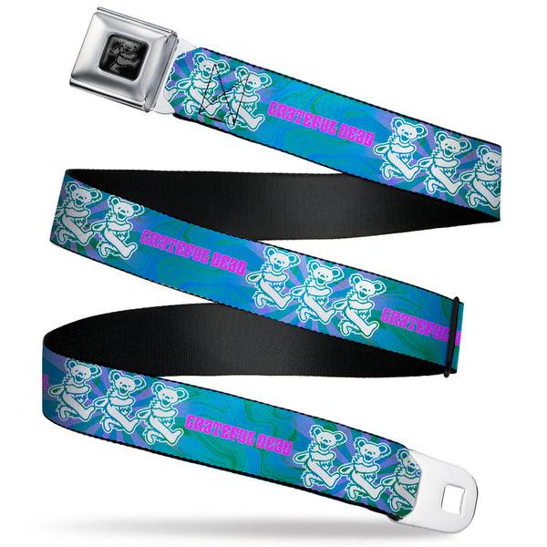 buckle down Grateful Dead Bear Seatbelt Belt - GRATEFUL DEAD Dancing Bear Trio Rays/Swirl Blues/Purples/Pink/White Webbing