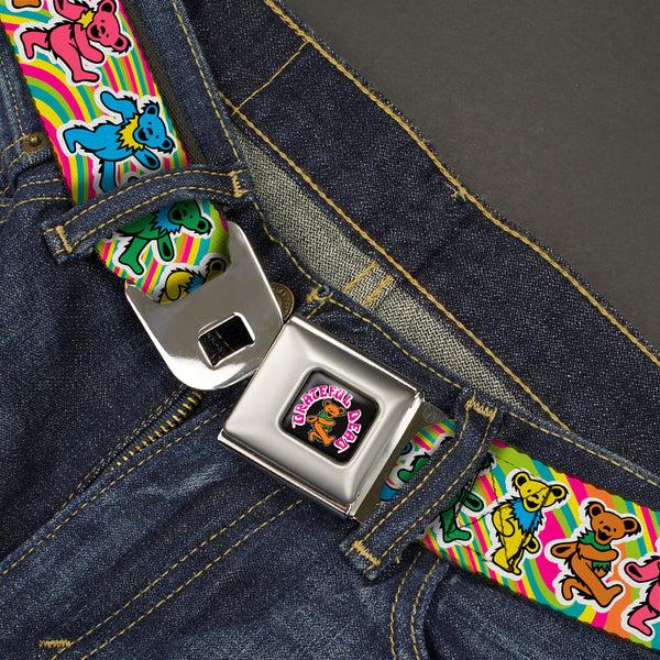 Buckle Down GRATEFUL DEAD Dancing Bear Icon Full Color Black/Orange Seatbelt Belt - Grateful Dead Dancing Bears Swirl Multi Color Webbing