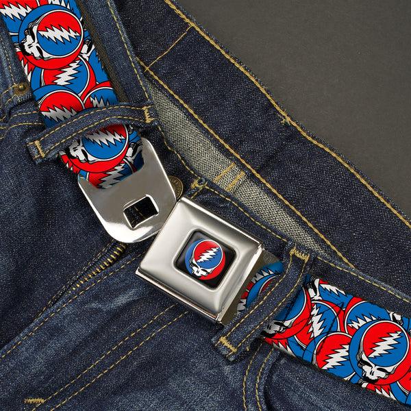 Buckle Down Grateful Dead Steal Your Face Logo Full Color Black/Red/White/Blue Seatbelt Belt - Grateful Dead Steal Your Face Logo Stacked Red/White/Blue Webbing