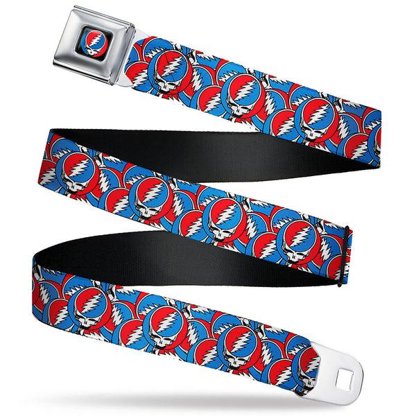 buckle down Grateful Dead Steal Your Face Logo Full Color Black/Red/White/Blue Seatbelt Belt - Grateful Dead Steal Your Face Logo Stacked Red/White/Blue Webbing