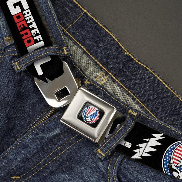 Buckle Down Grateful Dead Steal Your Face Stars And Stripes Logo Full Color Black/White/Red/Blue Seatbelt Belt - GRATEFUL DEAD Text With Steal Your Face Stars And Stripes Logo Black/White/Red/Blue Webbing