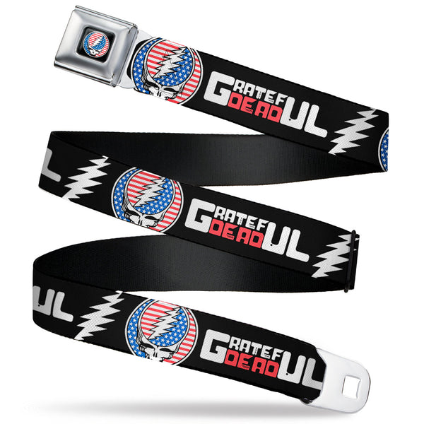 buckle down Grateful Dead Steal Your Face Stars and Stripes Logo Full Color Black/White/Red/Blue Seatbelt Belt - GRATEFUL DEAD Text with Steal Your Face Stars and Stripes Logo Black/White/Red/Blue Webbing