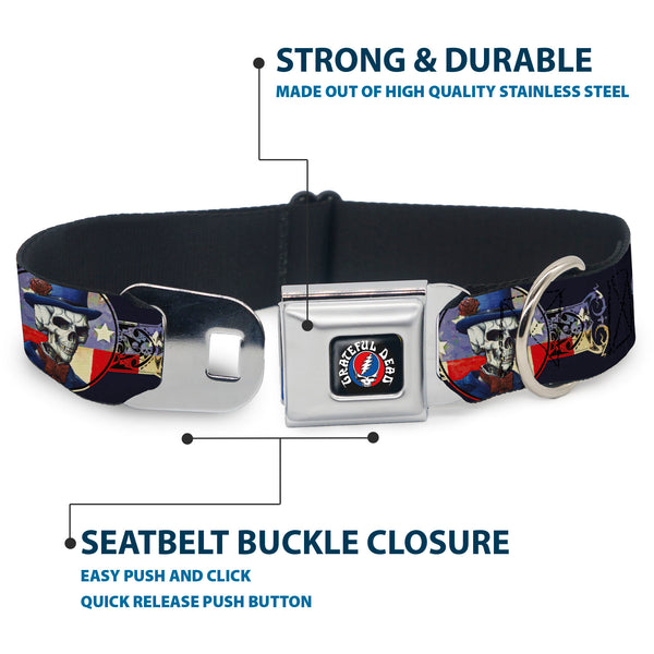 Buckle Down GRATEFUL DEAD Text With Steal Your Face Logo Full Color Black Seatbelt Buckle Collar - Grateful Dead Dave's Picks Skeleton Americana Bonus Art