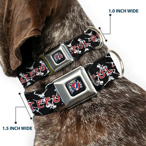 Buckle Down GRATEFUL DEAD Text With Steal Your Face Logo Full Color Black Seatbelt Buckle Collar - GRATEFUL DEAD Dancing Skeletons And Text Black/White/Red