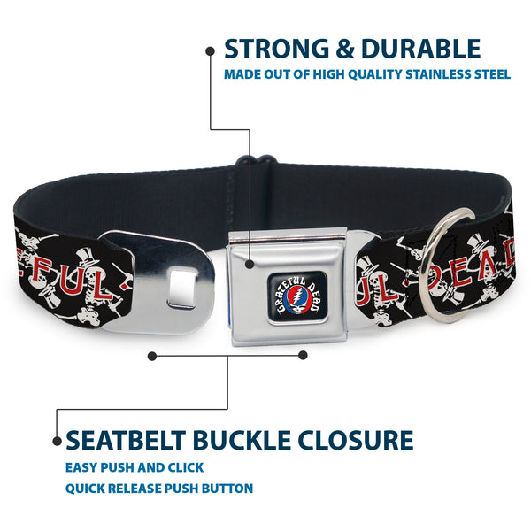 Buckle Down GRATEFUL DEAD Text With Steal Your Face Logo Full Color Black Seatbelt Buckle Collar - GRATEFUL DEAD Dancing Skeletons And Text Black/White/Red