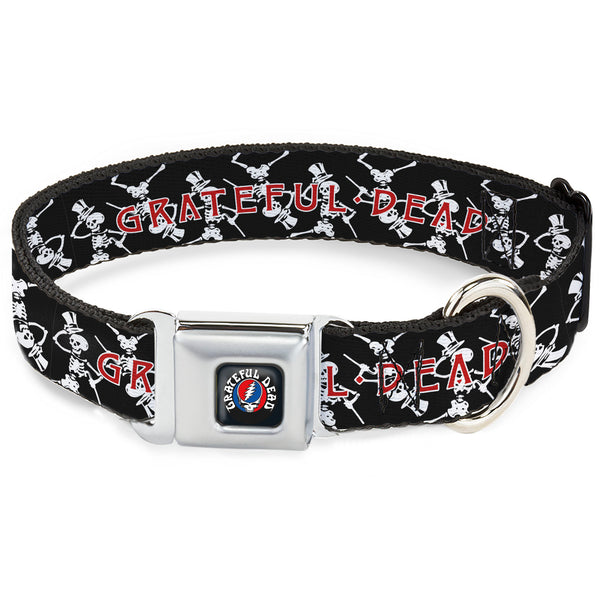 buckle down GRATEFUL DEAD Text with Steal Your Face Logo Full Color Black Seatbelt Buckle Collar - GRATEFUL DEAD Dancing Skeletons and Text Black/White/Red