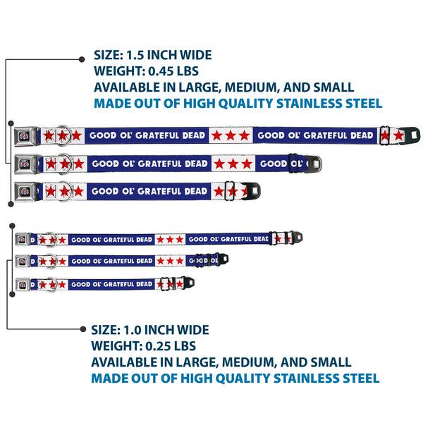 Buckle Down GRATEFUL DEAD Text With Steal Your Face Logo Full Color Black Seatbelt Buckle Collar - GOOD OL' GRATEFUL DEAD Text And Stars Blue/White/Red