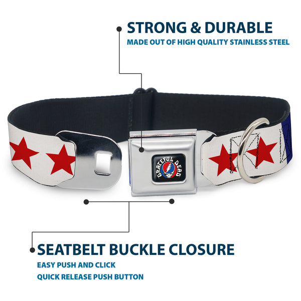 Buckle Down GRATEFUL DEAD Text With Steal Your Face Logo Full Color Black Seatbelt Buckle Collar - GOOD OL' GRATEFUL DEAD Text And Stars Blue/White/Red
