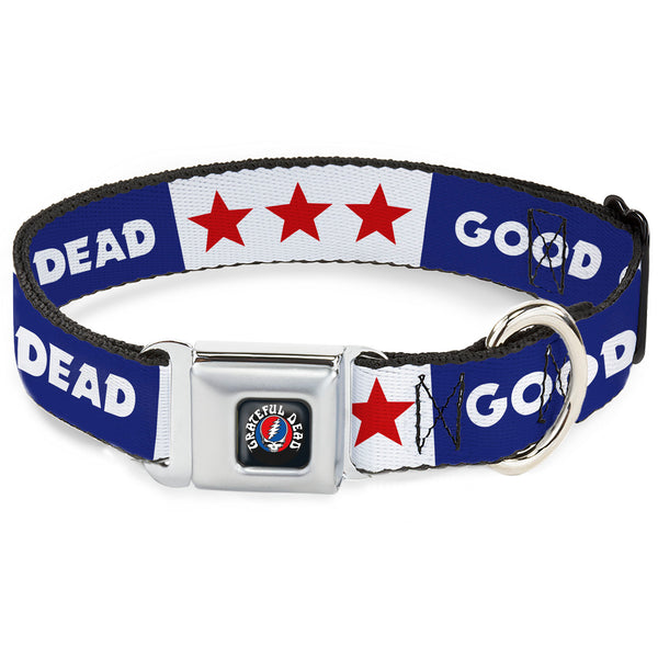 buckle down GRATEFUL DEAD Text with Steal Your Face Logo Full Color Black Seatbelt Buckle Collar - GOOD OL' GRATEFUL DEAD Text and Stars Blue/White/Red