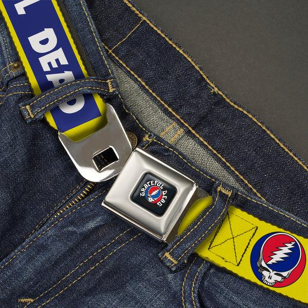 Buckle Down GRATEFUL DEAD Text With Steal Your Face Logo Full Color Black Seatbelt Belt - GRATEFUL DEAD Text Box And Steal Your Face Logo Yellow/Blue/White Webbing