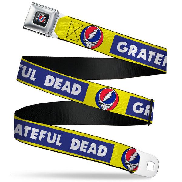 buckle down GRATEFUL DEAD Text with Steal Your Face Logo Full Color Black Seatbelt Belt - GRATEFUL DEAD Text Box and Steal Your Face Logo Yellow/Blue/White Webbing