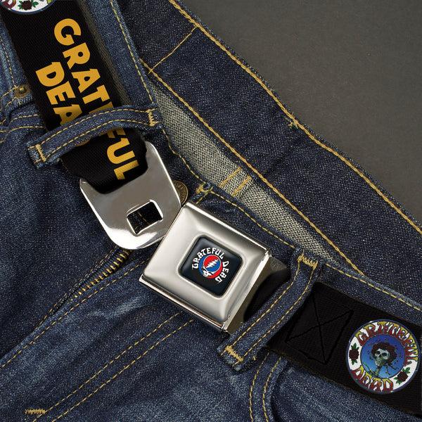 Buckle Down GRATEFUL DEAD Text With Steal Your Face Logo Full Color Black Seatbelt Belt - GRATEFUL DEAD Text And Skull And Roses Round Logo Black/Yellow Webbing