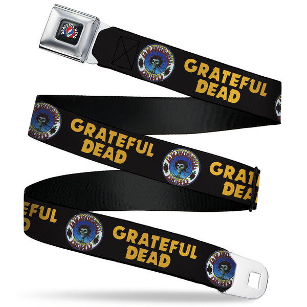 buckle down GRATEFUL DEAD Text with Steal Your Face Logo Full Color Black Seatbelt Belt - GRATEFUL DEAD Text and Skull and Roses Round Logo Black/Yellow Webbing