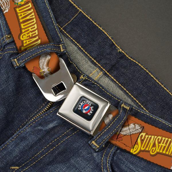 Buckle Down GRATEFUL DEAD Text With Steal Your Face Logo Full Color Black Seatbelt Belt - Grateful Dead SUNSHINE DAYDREAM Skeleton Orange Webbing