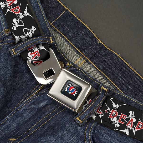 Buckle Down GRATEFUL DEAD Text With Steal Your Face Logo Full Color Black Seatbelt Belt - GRATEFUL DEAD Dancing Skeletons And Text Black/White/Red Webbing
