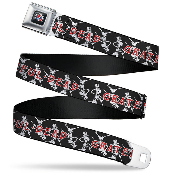 buckle down GRATEFUL DEAD Text with Steal Your Face Logo Full Color Black Seatbelt Belt - GRATEFUL DEAD Dancing Skeletons and Text Black/White/Red Webbing