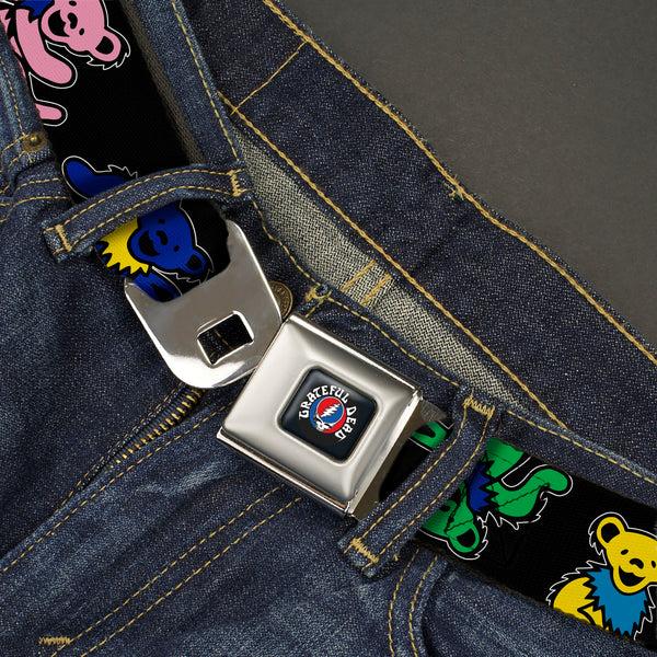 Buckle Down GRATEFUL DEAD Text With Steal Your Face Logo Full Color Black Seatbelt Belt - Grateful Dead Dancing Bears Close-Up Black/Multi Color Webbing