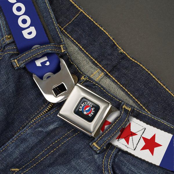 Buckle Down GRATEFUL DEAD Text With Steal Your Face Logo Full Color Black Seatbelt Belt - GOOD OL' GRATEFUL DEAD Text And Stars Blue/White/Red Webbing