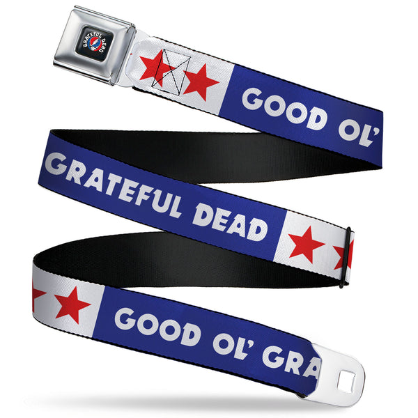 buckle down GRATEFUL DEAD Text with Steal Your Face Logo Full Color Black Seatbelt Belt - GOOD OL' GRATEFUL DEAD Text and Stars Blue/White/Red Webbing