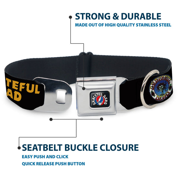 Buckle Down GRATEFUL DEAD Text With Steal Your Face Logo Full Color Black Seatbelt Buckle Collar - GRATEFUL DEAD Text And Skull And Roses Round Logo Black/Yellow