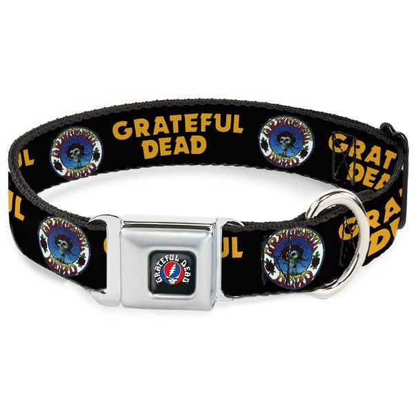buckle down GRATEFUL DEAD Text with Steal Your Face Logo Full Color Black Seatbelt Buckle Collar - GRATEFUL DEAD Text and Skull and Roses Round Logo Black/Yellow