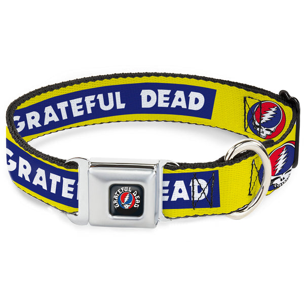 buckle down GRATEFUL DEAD Text with Steal Your Face Logo Full Color Black Seatbelt Buckle Collar - GRATEFUL DEAD Text Box and Steal Your Face Logo Yellow/Blue/White