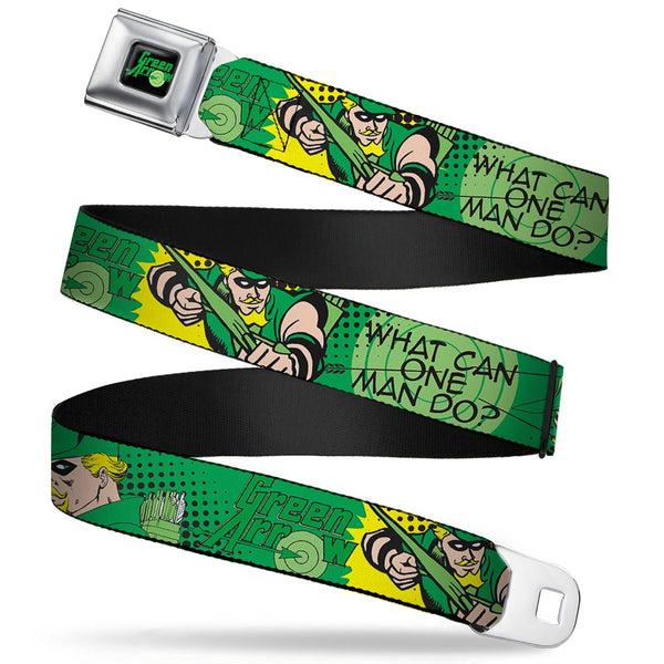 buckle down GREEN ARROW Logo Full Color Black Green Seatbelt Belt - GREEN ARROW Poses WHAT CAN ONE MAN DO? Greens/Black Webbing