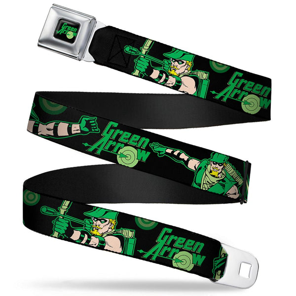 buckle down GREEN ARROW Logo Full Color Black Green Seatbelt Belt - GREEN ARROW Action Poses/Targets Black/Greens Webbing
