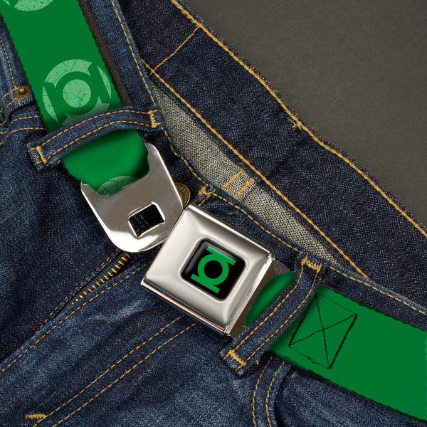 Buckle Down Green Lantern Logo CLOSE-UP Black Green Seatbelt Belt - Green Lantern Logo Weathered Greens Webbing
