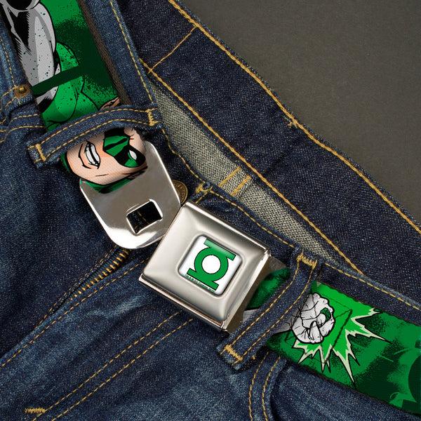 Buckle Down Green Lantern Logo CLOSE-UP White Green Seatbelt Belt - Green Lantern Green Glow W/Text Webbing