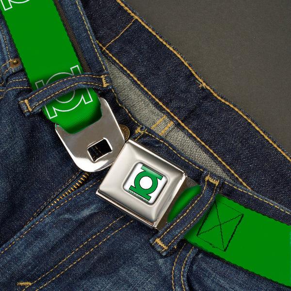 Buckle Down Green Lantern Logo CLOSE-UP White Green Seatbelt Belt - Green Lantern Logo Green/White Webbing