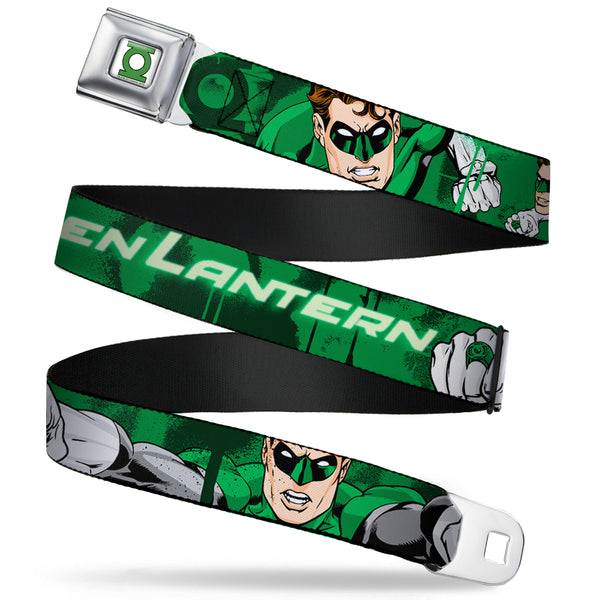 buckle down Green Lantern Logo CLOSE-UP White Green Seatbelt Belt - Green Lantern Green Glow w/Text Webbing