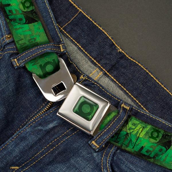 Buckle Down Green Lantern Logo Weathered Full Color Greens Seatbelt Belt - GREEN LANTERN/Logo Collage Weathered Greens Webbing