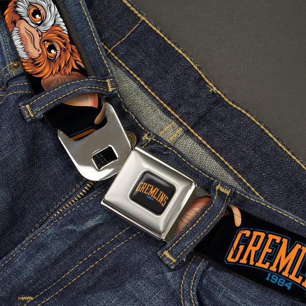 Buckle Down GREMLINS 1984 Title Logo Full Color Black/Blue/Orange Seatbelt Belt - GREMLINS 1984 Gizmo Face Close-Up Black Webbing