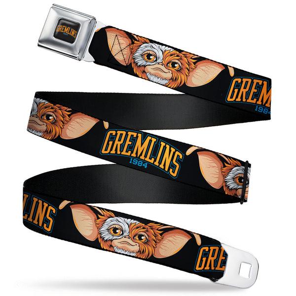 buckle down GREMLINS 1984 Title Logo Full Color Black/Blue/Orange Seatbelt Belt - GREMLINS 1984 Gizmo Face Close-Up Black Webbing
