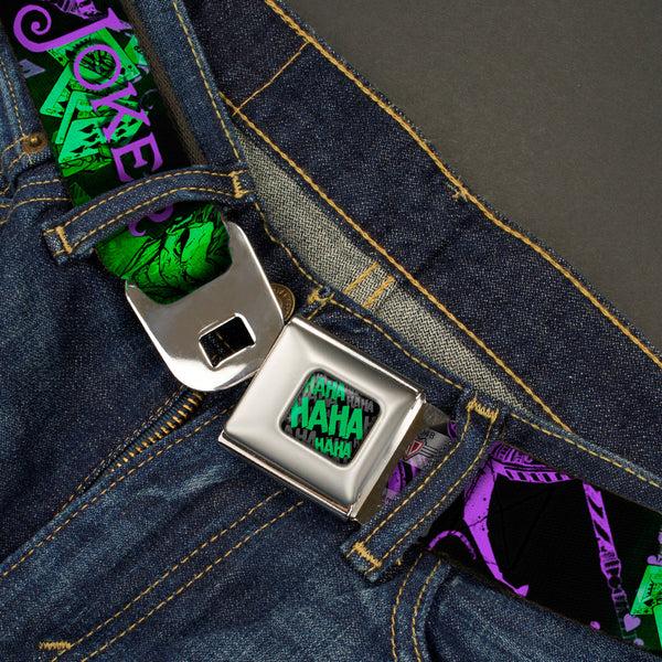 Buckle Down HAHA Stacked Full Color Black Gray Green Seatbelt Belt - THE JOKER Card Flipping Poses Black/Greens/Purples Webbing