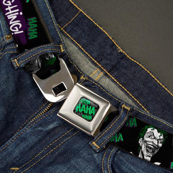 Buckle Down HAHA Stacked Full Color Black Gray Green Seatbelt Belt - Joker DIE LAUGHING HAHA Black/Purple/Green Webbing