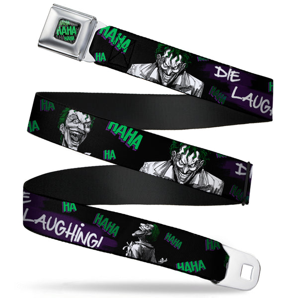 buckle down HAHA Stacked Full Color Black Gray Green Seatbelt Belt - Joker DIE LAUGHING HAHA Black/Purple/Green Webbing