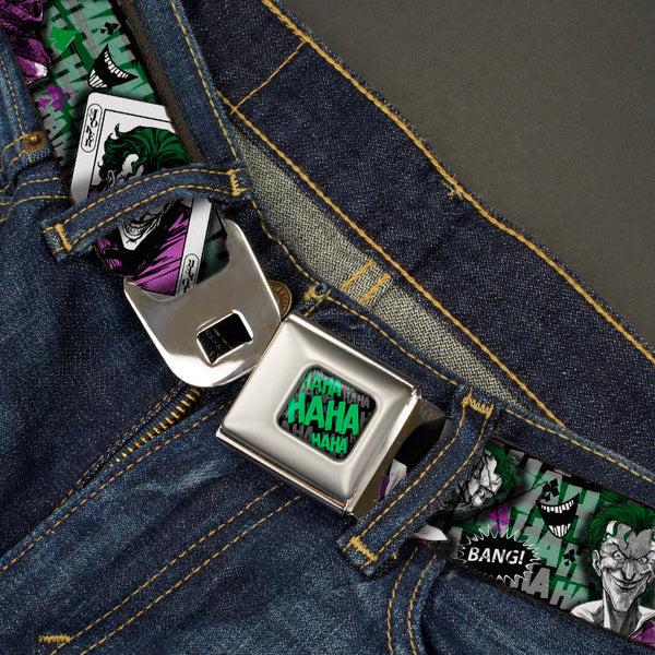 Buckle Down HAHA Stacked Full Color Black Gray Green Seatbelt Belt - The Joker 4-Poses/Joker Card HAHA/Smile/BANG Grays/Greens/Purples Webbing