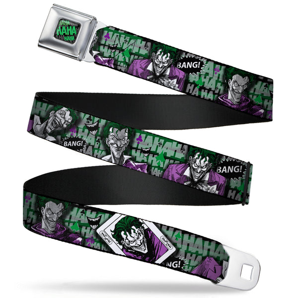 buckle down HAHA Stacked Full Color Black Gray Green Seatbelt Belt - The Joker 4-Poses/Joker Card HAHA/Smile/BANG Grays/Greens/Purples Webbing