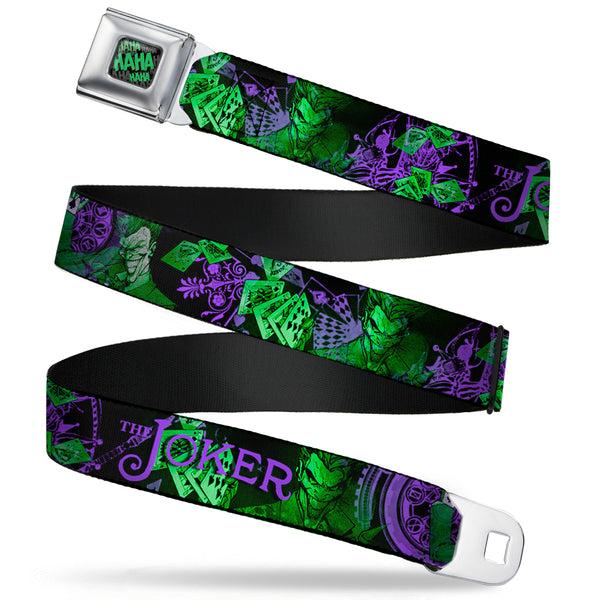 buckle down HAHA Stacked Full Color Black Gray Green Seatbelt Belt - THE JOKER Card Flipping Poses Black/Greens/Purples Webbing