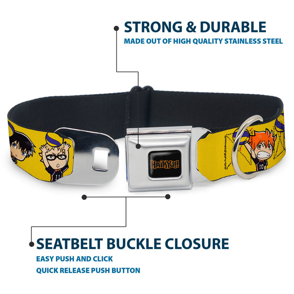 Buckle Down HAIKYU Title Logo Full Color Black/Orange Seatbelt Buckle Collar - Haikyu Chibi Volleyball Player Warm Up Pose Yellow