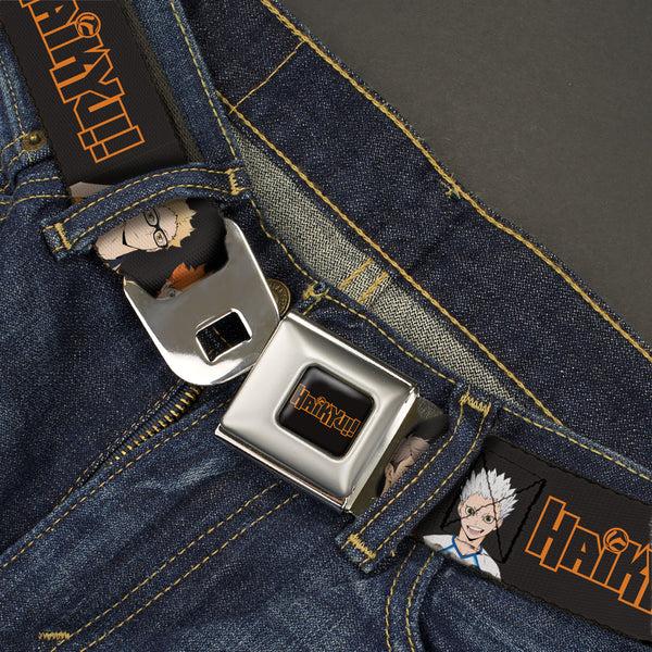 Buckle Down HAIKYU Title Logo Full Color Black/Orange Seatbelt Belt - HAIKYU Volleyball Team Player Groups Line Up Black Webbing