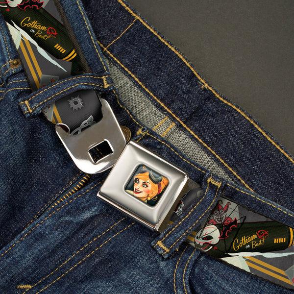 Buckle Down Harley Quinn Bombshell Pin-Up Face Full Color Seatbelt Belt - Harley Quinn Aviation Pin-Up Pose/GOTHAM OR BUST Webbing