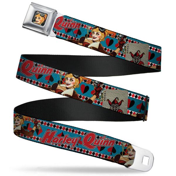 buckle down Harley Quinn Bombshell Pin-Up Face Full Color Seatbelt Belt - Harley Quinn Bombshell Pin-Up Pose/Joker Card/Suits Blue/White/Red/Black Webbing