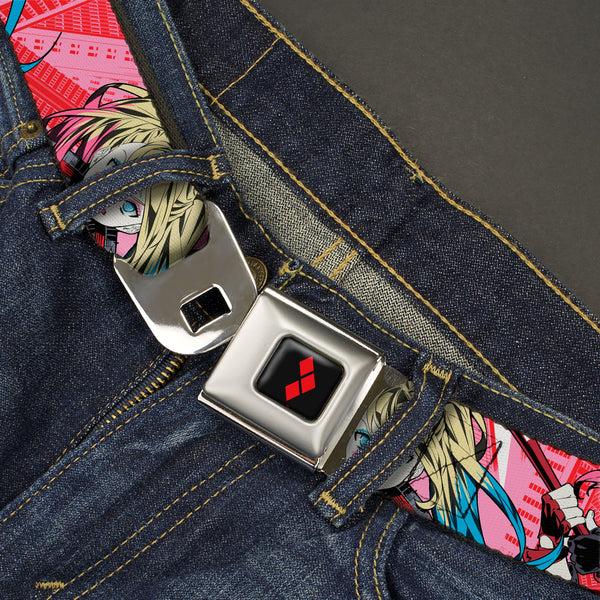 Buckle Down Harley Quinn Diamon Full Color Black/Red Seatbelt Belt - Harley Quinn Puddin Poses Anime Graphics Pink/Red Webbing