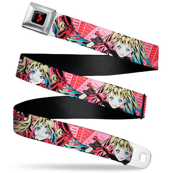 buckle down Harley Quinn Diamon Full Color Black/Red Seatbelt Belt - Harley Quinn Puddin Poses Anime Graphics Pink/Red Webbing