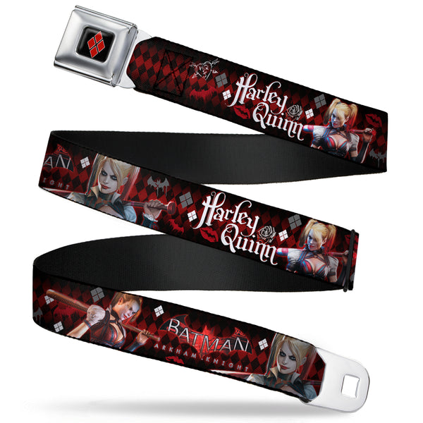 buckle down Harley Quinn Diamond Full Color Black Red Seatbelt Belt - BATMAN ARKHAM KNIGHT Logo HARLEY QUINN Bat Poses Diamonds/Bats/Kisses Black/Reds/White Webbing