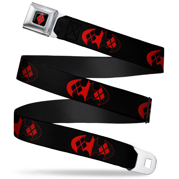 buckle down Harley Quinn Diamond Full Color Black Red Seatbelt Belt - Bat Logo/Harley Quinn Diamonds Black/Red Webbing