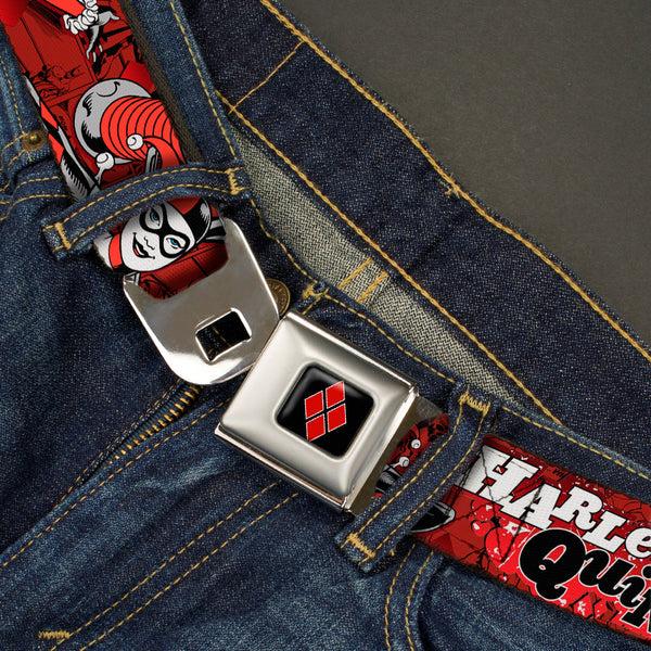 Buckle Down Harley Quinn Diamond Full Color Black Red Seatbelt Belt - HARLEY QUINN Poses/Comic Book Scenes Reds/Black Webbing